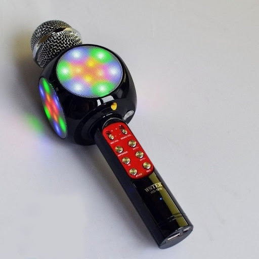 Microfon karaoke cu difuzor incorporat Wster WS-1816, Iluminare colorata Disco, Bluthooth, Negru