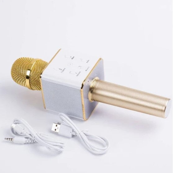 Microfon Karaoke Wireless FOXMAG24, cu Bluetooth si boxa inclusa, autonomie 3-5h, Gold