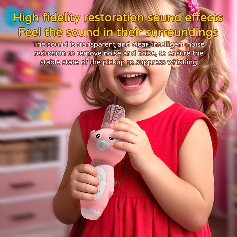 Microfon pentru copii, jucarie muzicala, karaoke, bluetooth, wireless, din materiale durabile, non-toxice, roz