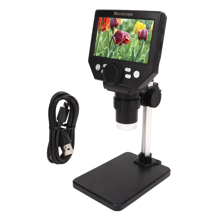 Microscop digital LCD 4.3” HD, 8MP, zoom 1-1000X, 8 LED-uri, baterie reincarcabila si suport PC, din metal si plastic, argintiu/negru