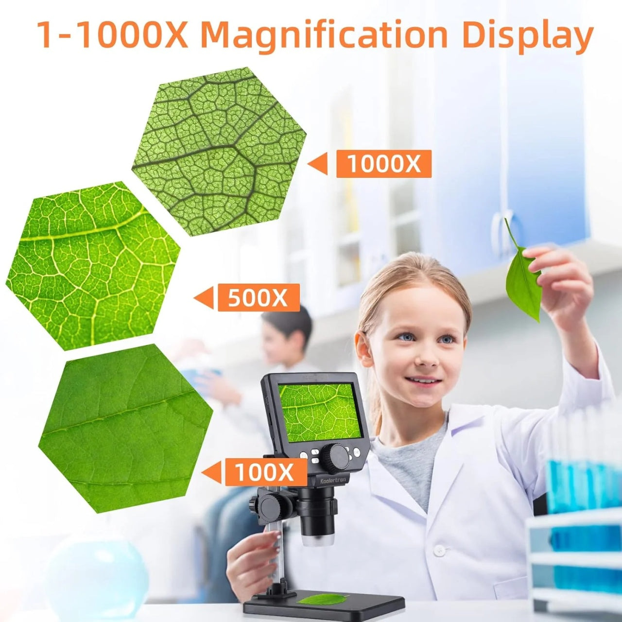 Microscop digital LCD 4.3” HD, 8MP, zoom 1-1000X, 8 LED-uri, baterie reincarcabila si suport PC, din metal si plastic, argintiu/negru