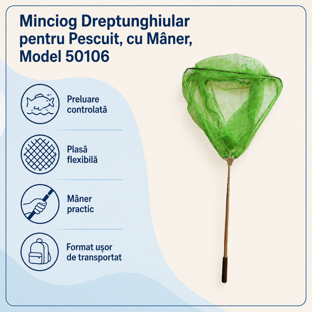 Minciog Dreptunghiular pentru Pescuit, cu Mâner, Model 50106 – caracteristici și beneficii
