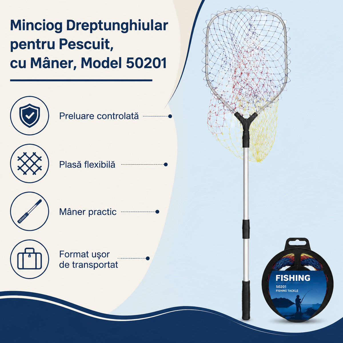 Minciog Dreptunghiular pentru Pescuit, cu Mâner, Model 50201 – caracteristici și beneficii