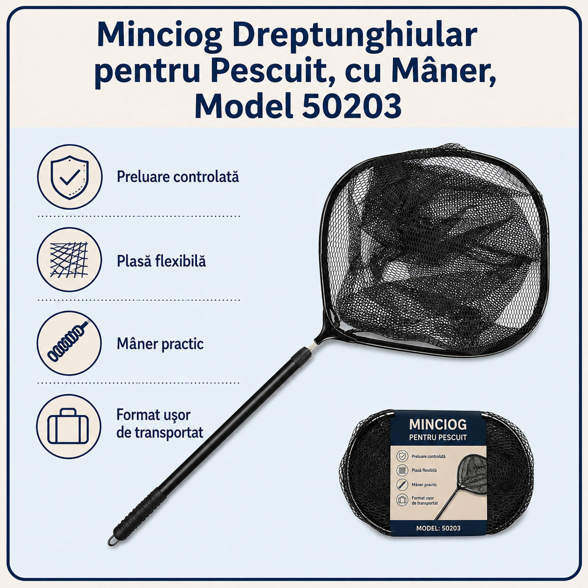 Minciog Dreptunghiular pentru Pescuit, cu Mâner, Model 50203 – caracteristici și beneficii