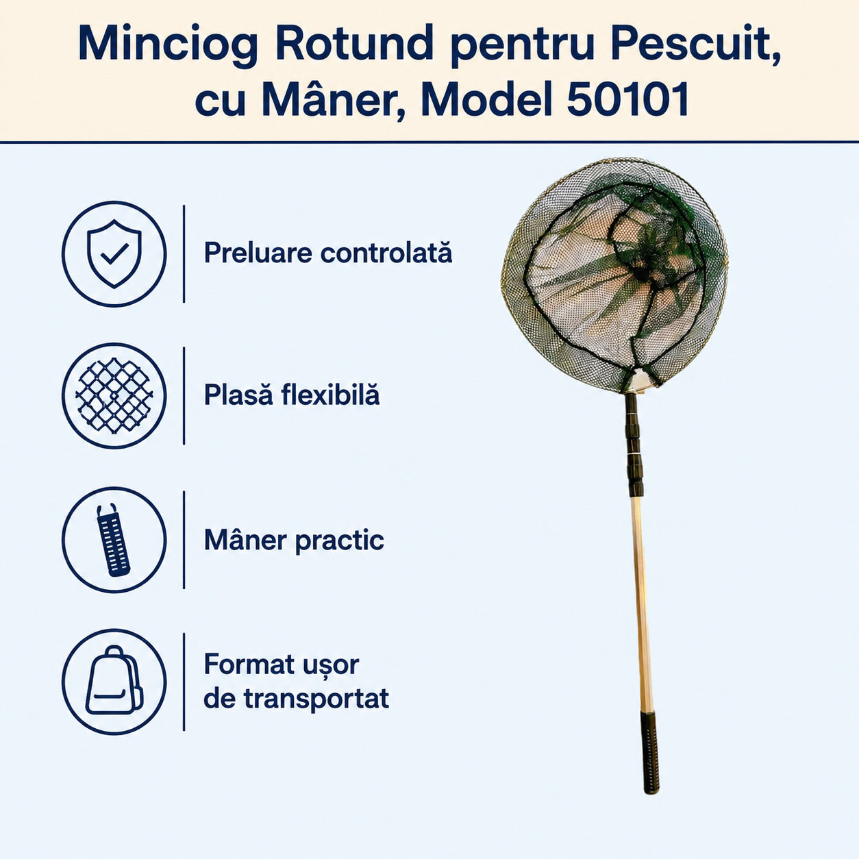 Minciog Rotund pentru Pescuit, cu Mâner, Model 50101 – caracteristici