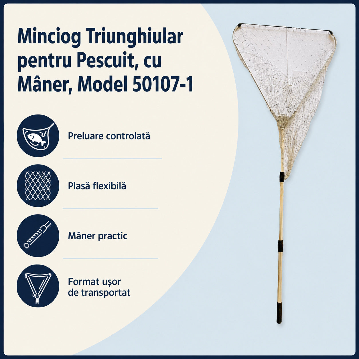 Minciog Triunghiular pentru Pescuit, cu Mâner, Model 50107-1 – caracteristici