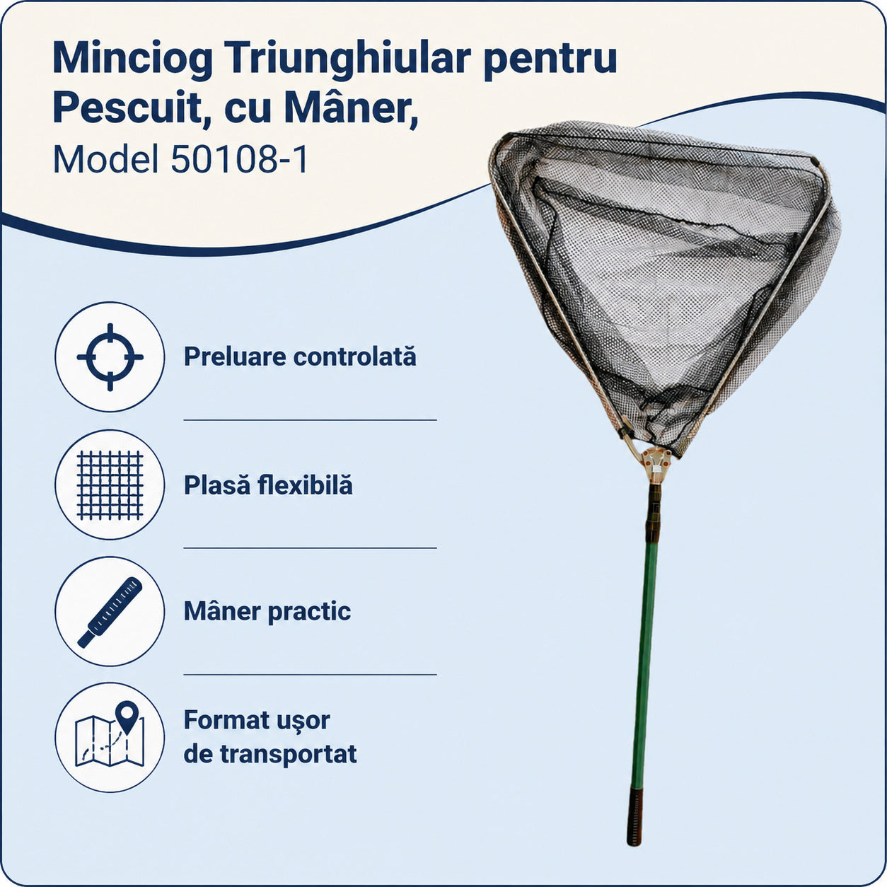 Minciog Triunghiular pentru Pescuit, cu Mâner, Model 50108-1 – caracteristici