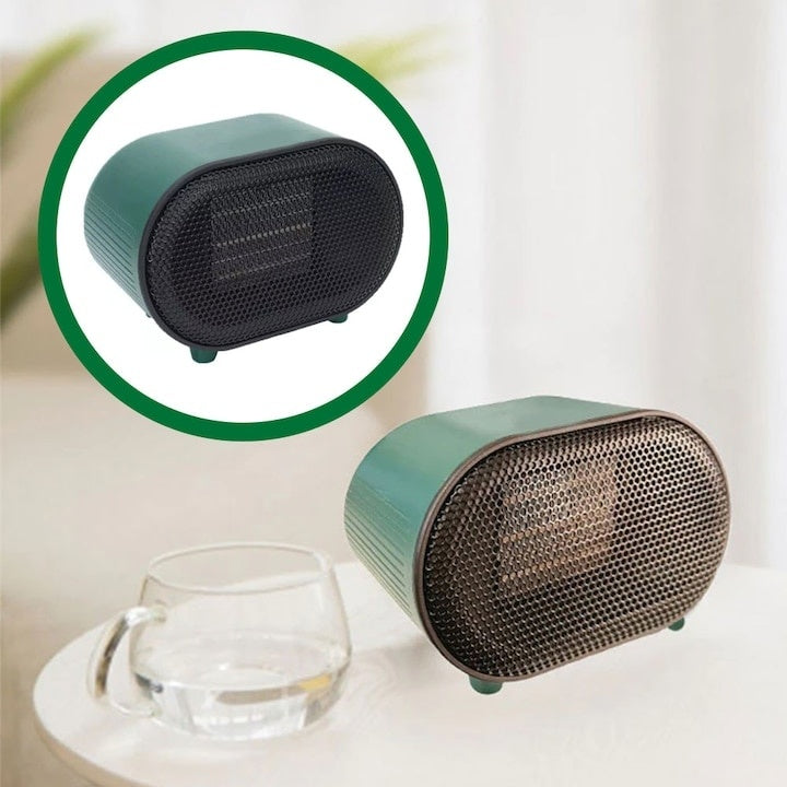 Mini aeroterma, pentru aer cald/rece, portabila, silentioasa, putere 800W, depoziatre usoara, buton ON/OFF, verde