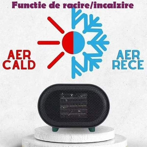 Mini aeroterma, pentru aer cald/rece, portabila, silentioasa, putere 800W, depoziatre usoara, buton ON/OFF, verde