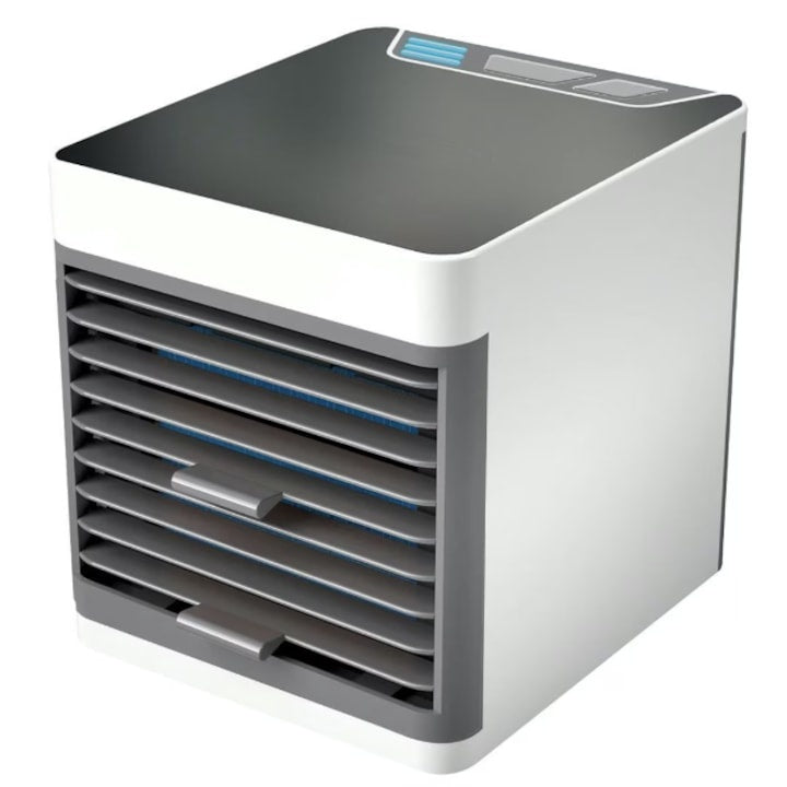 Mini aparat de aer conditionat, portabil, cu 3 functii de racire, lumina ambientala, cu apa sau gheata, din plastic, gri/alb