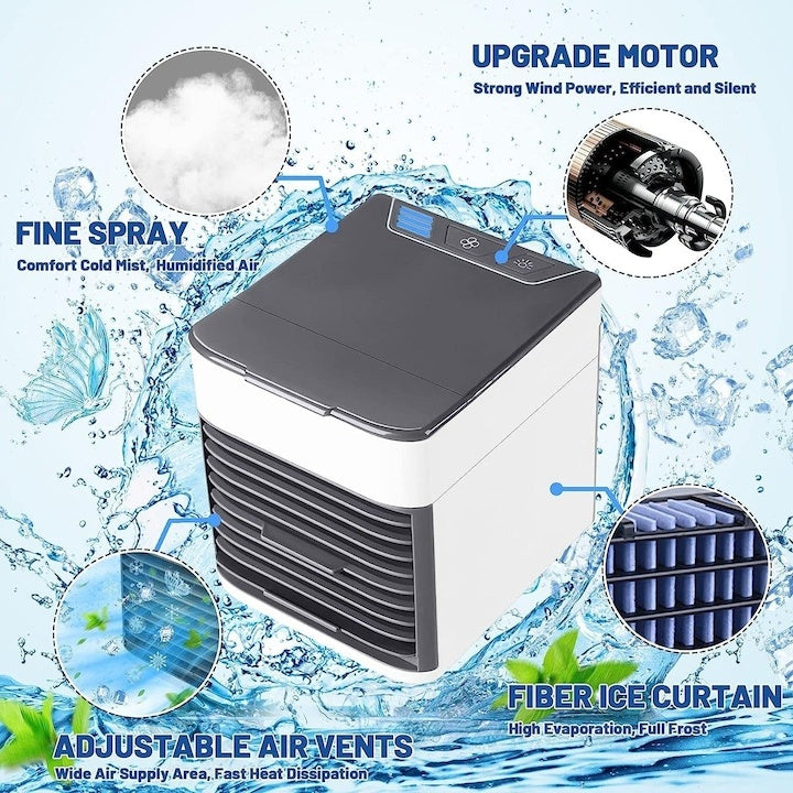 Mini aparat de aer conditionat, portabil, cu 3 functii de racire, lumina ambientala, cu apa sau gheata, din plastic, gri/alb