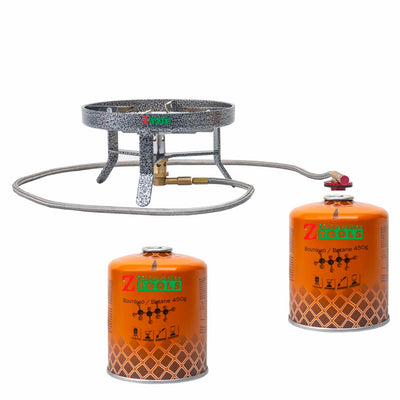 Mini arzator tip pirostrie pentru camping cu doua doze de gaz 500g