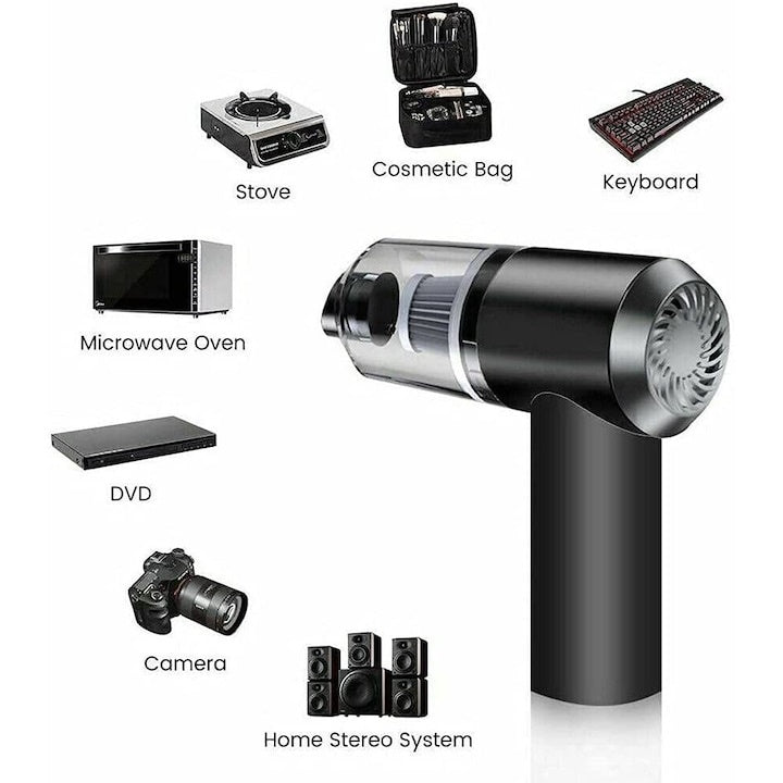Mini aspirator auto portabil, reincarcabil, filtru HEPA, functie de suflare si aspirare, acumulator durabil, cu accesoriu pentru spatii inguste, negru