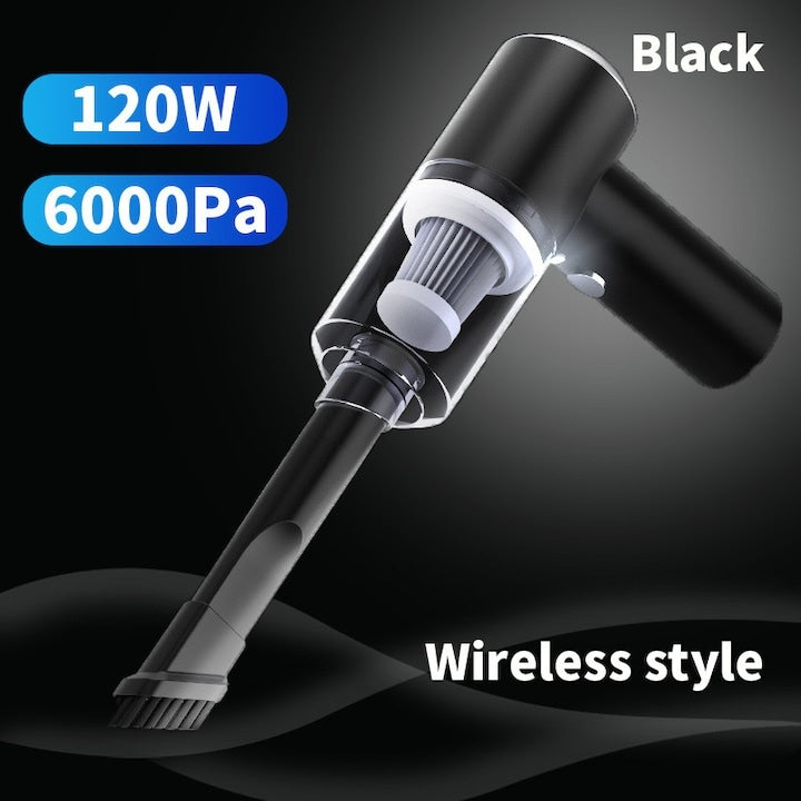 Mini aspirator auto portabil, reincarcabil, filtru HEPA, functie de suflare si aspirare, acumulator durabil, cu accesoriu pentru spatii inguste, negru