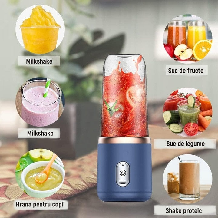 Mini blender electric, wireless, cu 6 lame din otel inoxidabil, portabil, putere 40 W, albastru