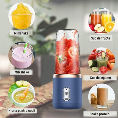 Mini blender electric, wireless, cu 6 lame din otel inoxidabil, portabil, putere 40 W, albastru