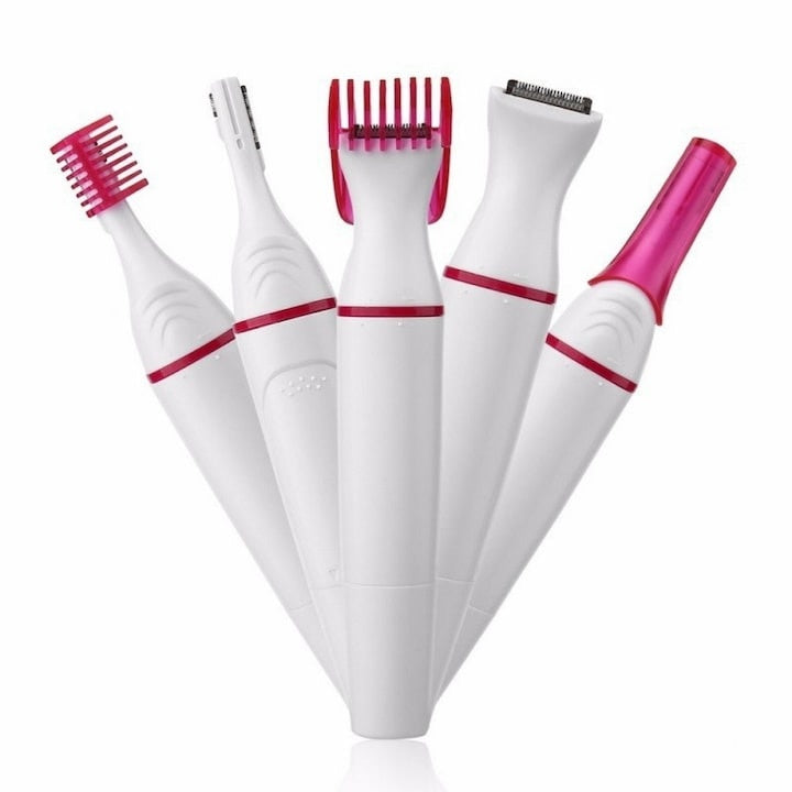 Mini epilator 5 in 1, fara fir, multifunctional, lame din inox, capete lavabile, functionare pe baterii, din ABS, alb