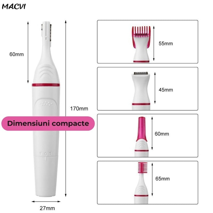 Mini epilator 5 in 1, fara fir, multifunctional, lame din inox, capete lavabile, functionare pe baterii, din ABS, alb