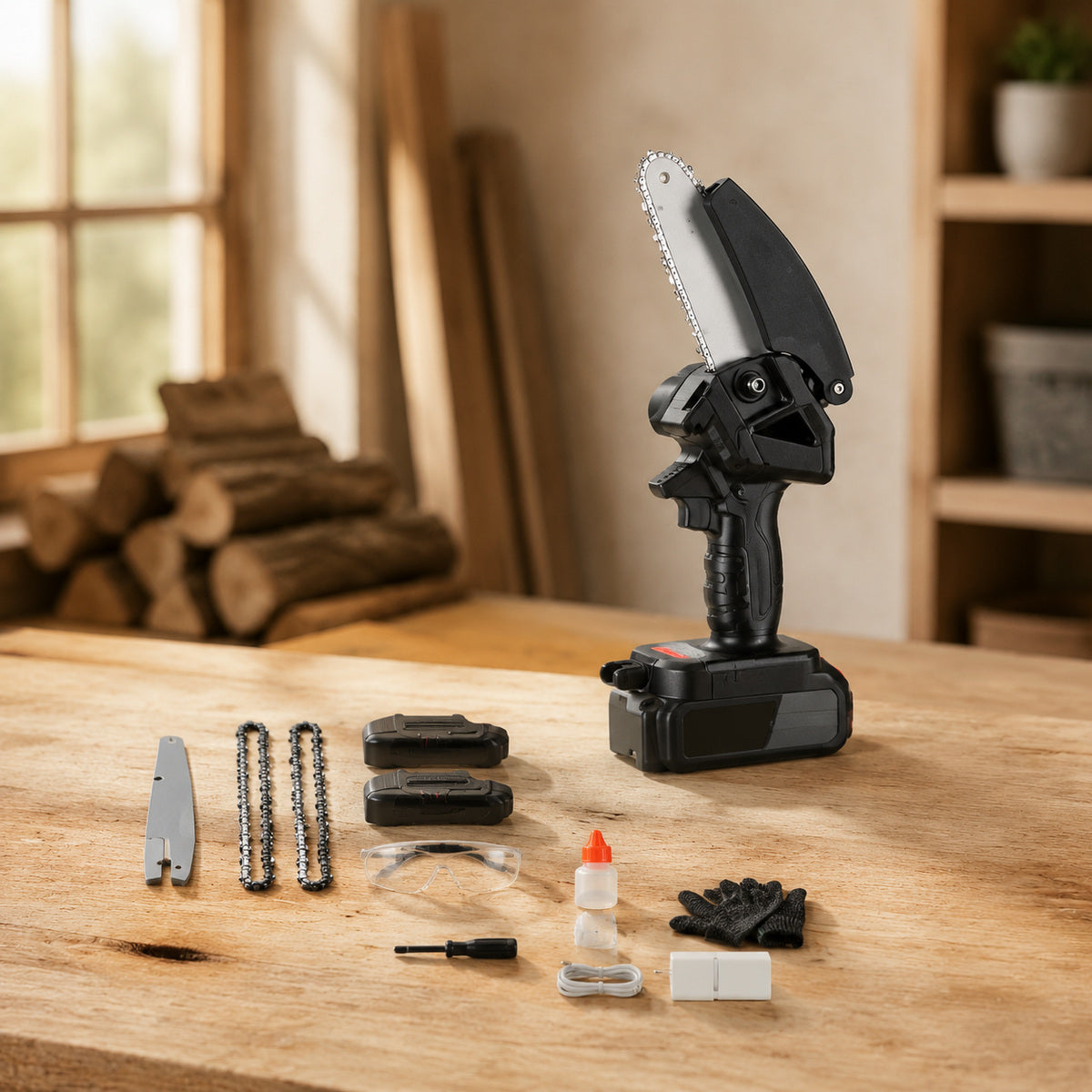 Mini Fierăstrău Electric cu Acumulator și Accesorii, Negru – imagine comercială