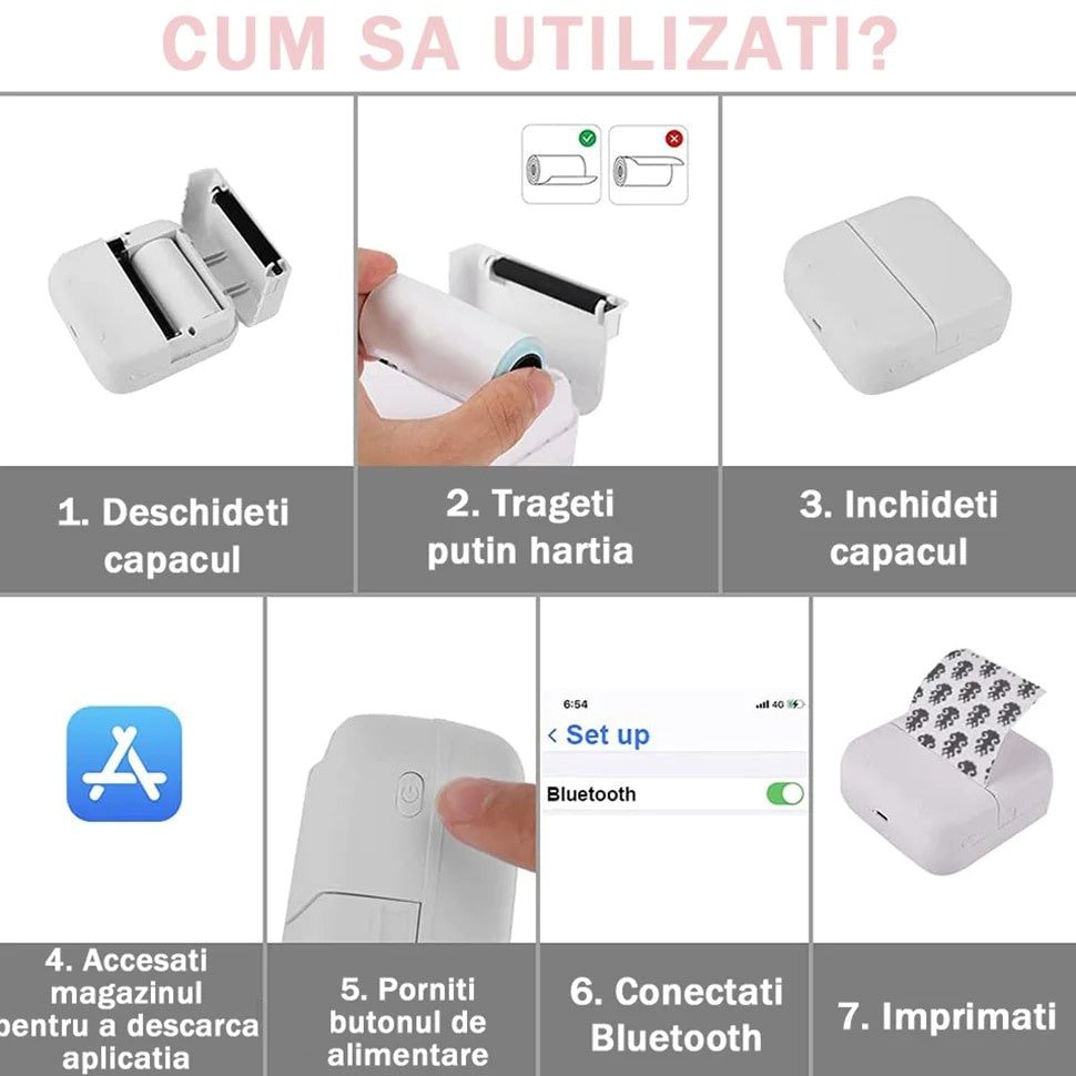 Mini imprimanta, tehnologie printare termic, conectivitate Wi-Fi, format A8, compatibil android, IOS, alb/roz