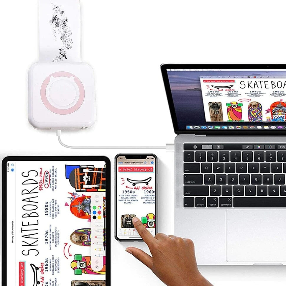 Mini imprimanta, tehnologie printare termic, conectivitate Wi-Fi, format A8, compatibil android, IOS, alb/roz