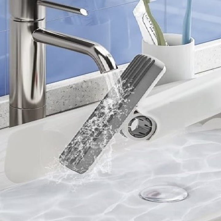 Mini mop portabil, dimensiuni 29 x 14, 5 x 4 cm, cu sistem de auto-stoarcere, stergere usoara multisuprafete / geamuri, din ABS, alb