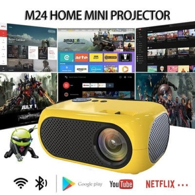 Mini proiector, portabil, HD, conectivitate HDMI, USB, control de la distanta cu telecomanda, sunet surround 360 de grade, galben