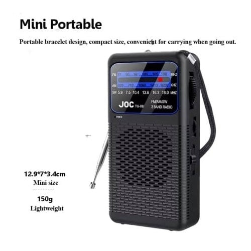 Mini radio portabil, putere 3W, FM, AM, SW, alimentare baterii, lumina led, snur pentru transport, negru