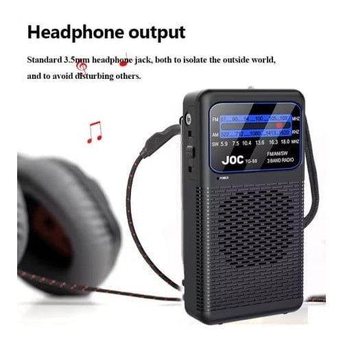 Mini radio portabil, putere 3W, FM, AM, SW, alimentare baterii, lumina led, snur pentru transport, negru
