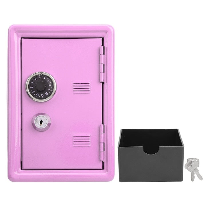 Mini seif, pentru copii si adulti, din metal rezistent, cu slot pentru monede, inchidere cu cheie, roz