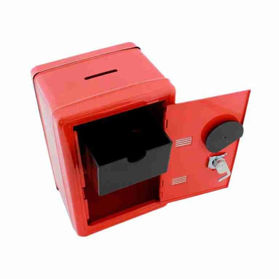 Mini seif, pentru copii si adulti, din metal rezistent, cu slot pentru monede, inchidere cu cheie, rosu