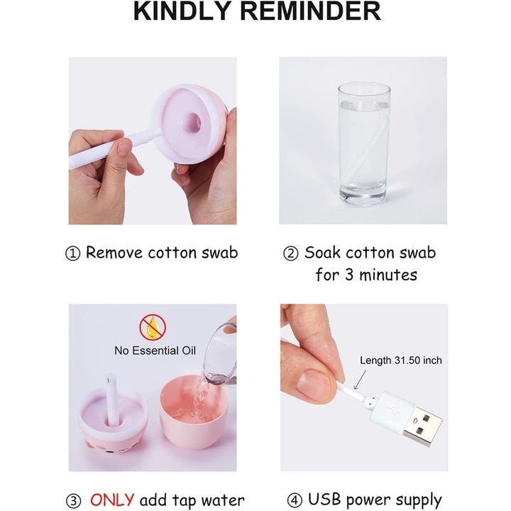 Mini umidificator pentru copii, Pisica, ABS, 250 ml, USB, Roz