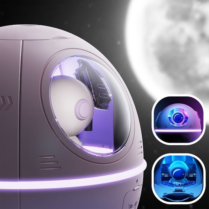Mini umidificator, tip nava cu astronaut, portabil, cu 7 tipuri de lumina ambientala, alimentare USB C, alb