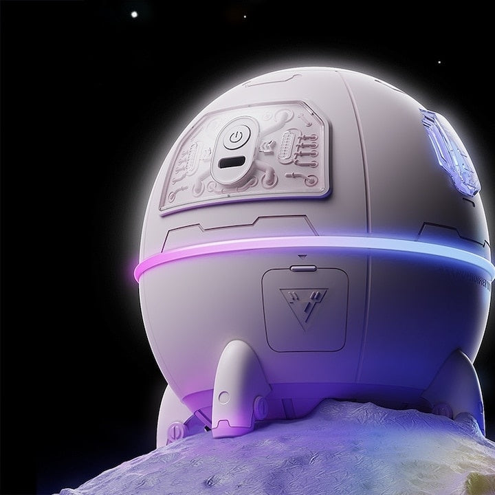 Mini umidificator, tip nava cu astronaut, portabil, cu 7 tipuri de lumina ambientala, alimentare USB C, alb