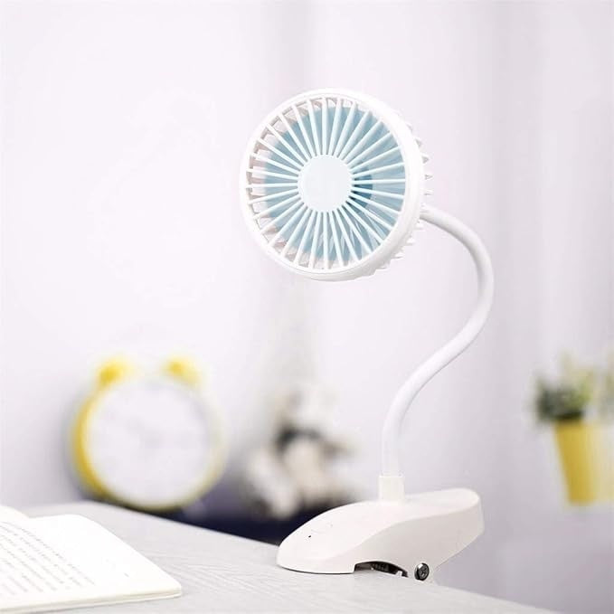 Mini ventilator, cu clips pentru prindere, cu cap pliabil, oscilant, incarcare USB, buton ON/OFF, alb