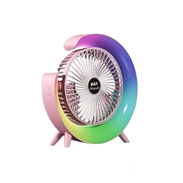 Mini ventilator de birou, cu iluminare multicolora LED, incarcare USB, ajustare 180 °, 3 viteze de functionare, lumini ambientale, alb