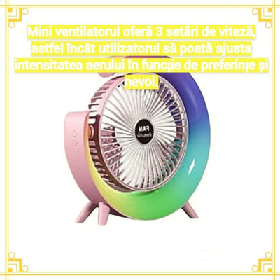 Mini ventilator de birou, cu iluminare multicolora LED, incarcare USB, ajustare 180 °, 3 viteze de functionare, lumini ambientale, alb