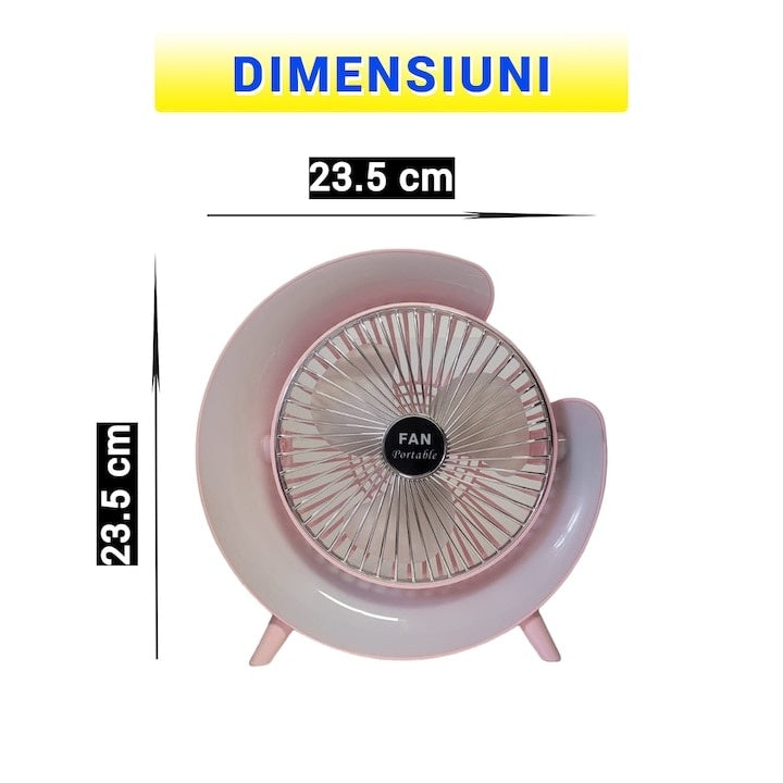 Mini ventilator de birou, cu iluminare multicolora LED, incarcare USB, ajustare 180 °, 3 viteze de functionare, lumini ambientale, alb