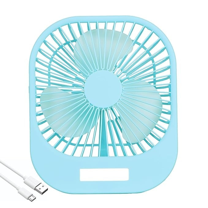 Mini ventilator de masa, cu 3 viteze, incarcare USB, suport sprijin/agatare, din ABS, cu grila de siguranta, albastru