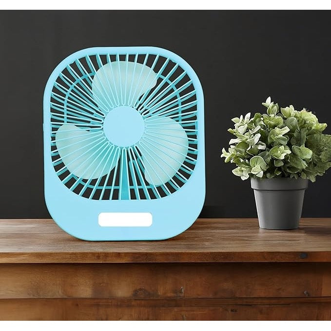 Mini ventilator de masa, cu 3 viteze, incarcare USB, suport sprijin/agatare, din ABS, cu grila de siguranta, albastru