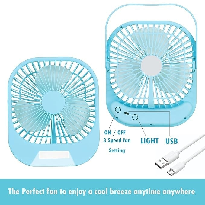 Mini ventilator de masa, cu 3 viteze, incarcare USB, suport sprijin/agatare, din ABS, cu grila de siguranta, albastru