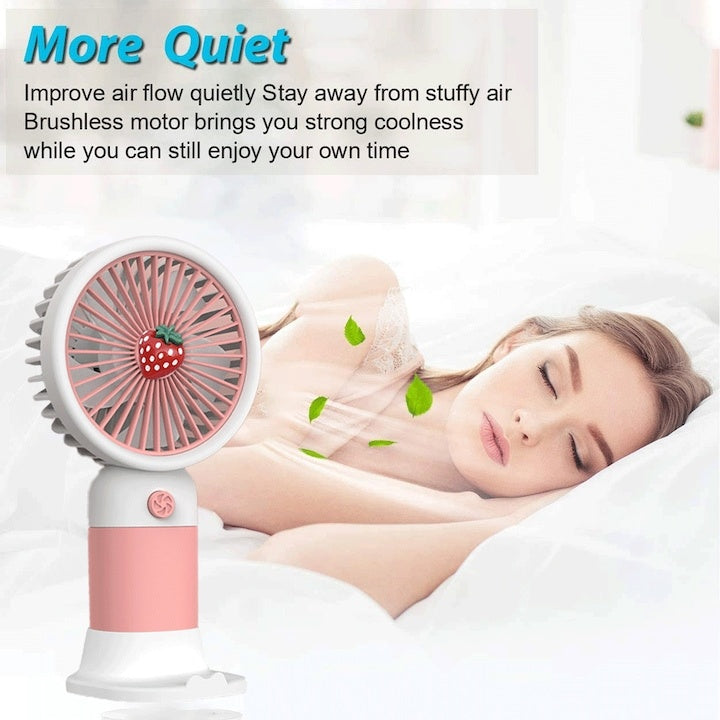 Mini ventilator portabil, capsuna, alimentat cu baterie reincarcabila USB, cu suport pentru telefon, buton ON/OFF, 3 viteze, roz/alb