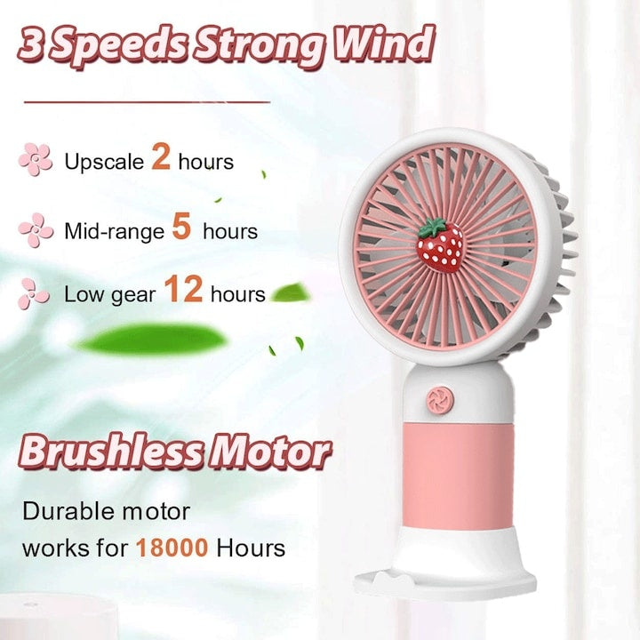 Mini ventilator portabil, capsuna, alimentat cu baterie reincarcabila USB, cu suport pentru telefon, buton ON/OFF, 3 viteze, roz/alb