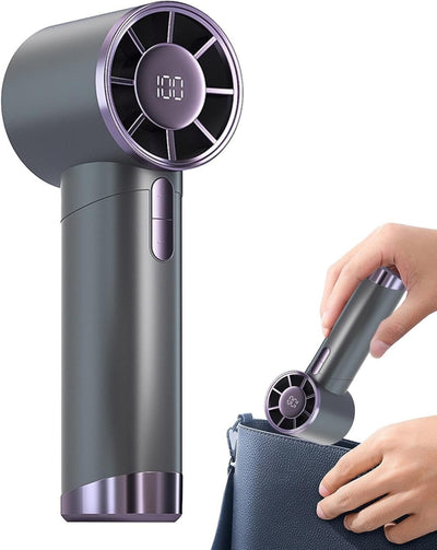 Mini ventilator portabil, cu 3 trepte de viteza, maner ergonomic, afisaj LCD, incarcare USB rapida, gri antracit