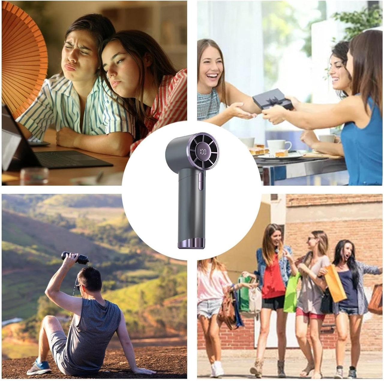 Mini ventilator portabil, cu 3 trepte de viteza, maner ergonomic, afisaj LCD, incarcare USB rapida, gri antracit