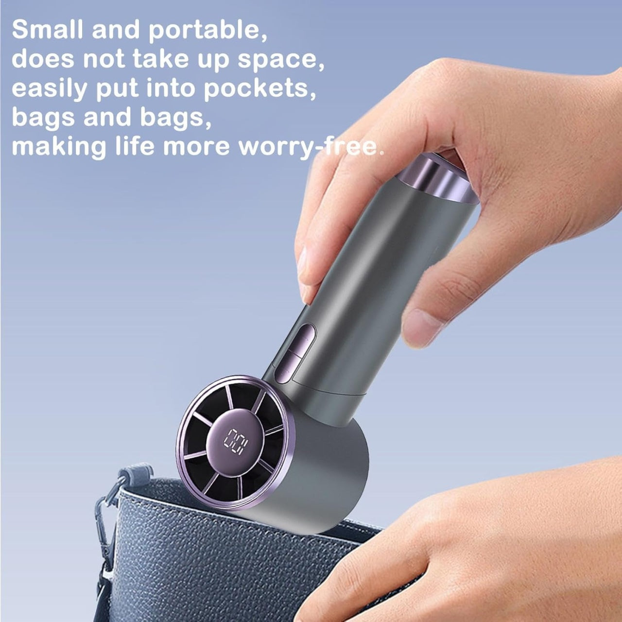 Mini ventilator portabil, cu 3 trepte de viteza, maner ergonomic, afisaj LCD, incarcare USB rapida, gri antracit
