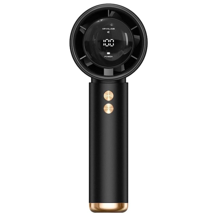 Mini ventilator portabil, de mana, fără fir, afișaj digital si indicator baterie, zgomot redus, negru