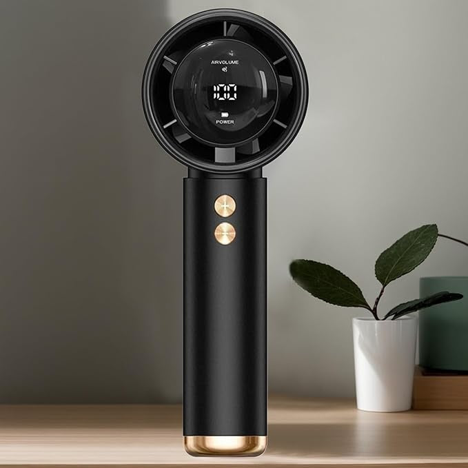 Mini ventilator portabil, de mana, fără fir, afișaj digital si indicator baterie, zgomot redus, negru
