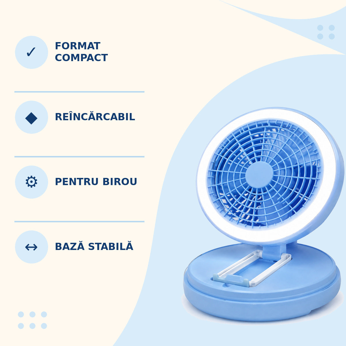 Mini Ventilator Reîncărcabil de Birou cu Iluminare LED, Albastru – caracteristici