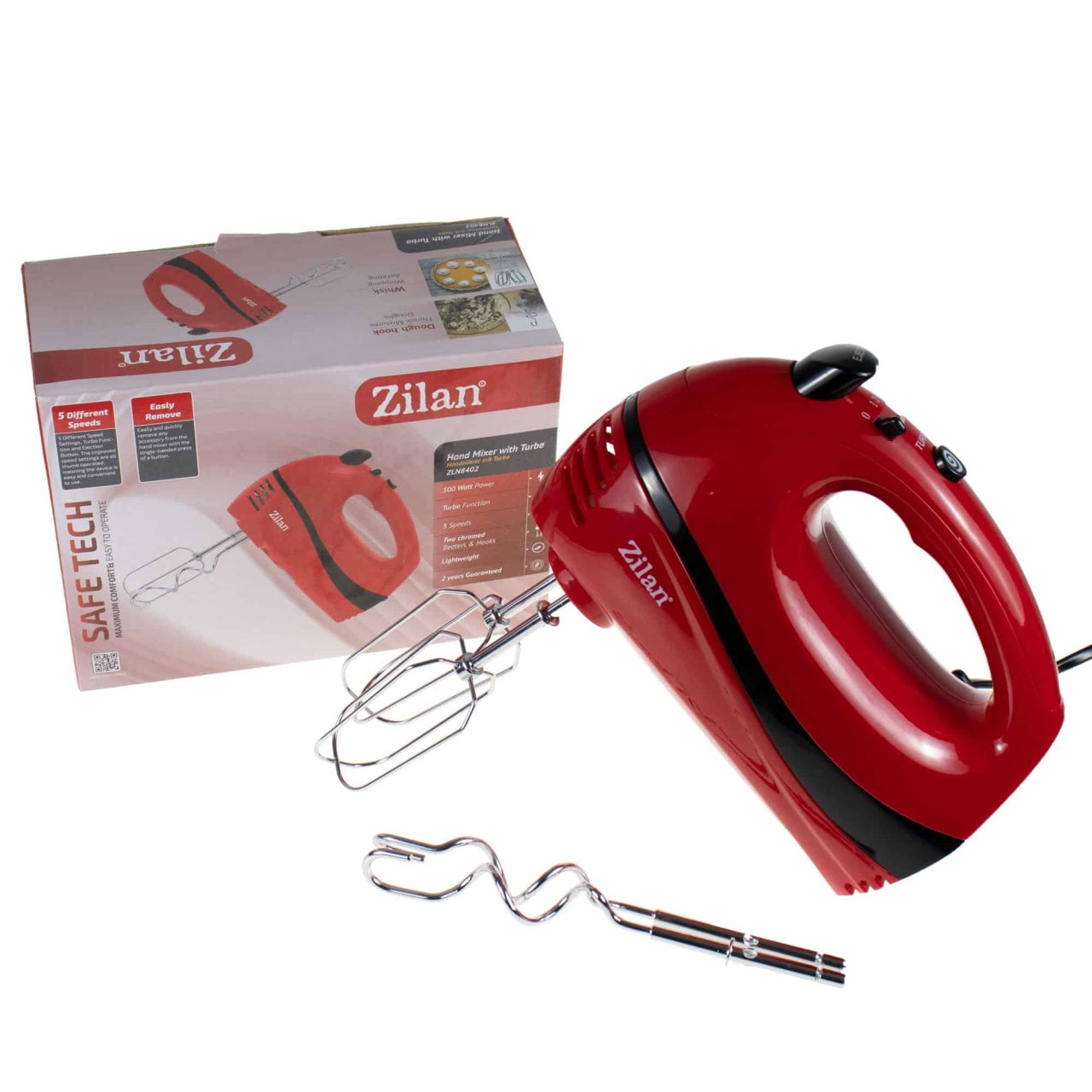 Mixer de mana 5 viteze, 300W, Turbo, rosu, cu accesorii incluse